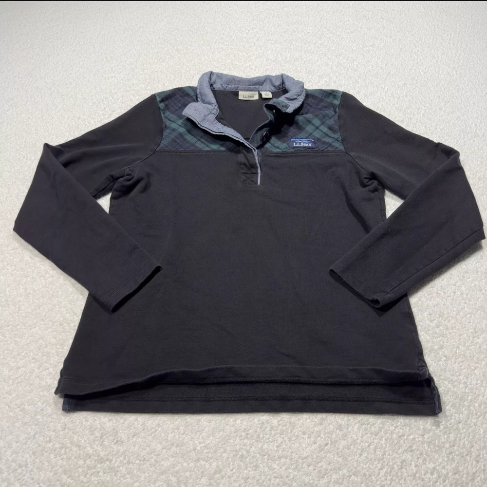 LL Bean Womens Sweater Black Mock Neck Long Sleeve 1/4 Button Pullover Plaid S